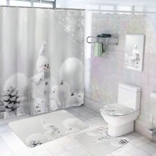 Bộ rèm tắm hình người tuyết Giáng sinh 1/3/4 chiếc, rèm tắm vải polyester chống thấm nước có 12 móc, thảm chống trượt, tấm phủ bệ ngồi bồn cầu và thảm lót, phụ kiện trang trí phòng tắm phù hợp cho nhà tắm, trang trí phòng tắm mùa thu, phụ kiện phòng tắm cho ngày tựu trường - trắng - Xem 1