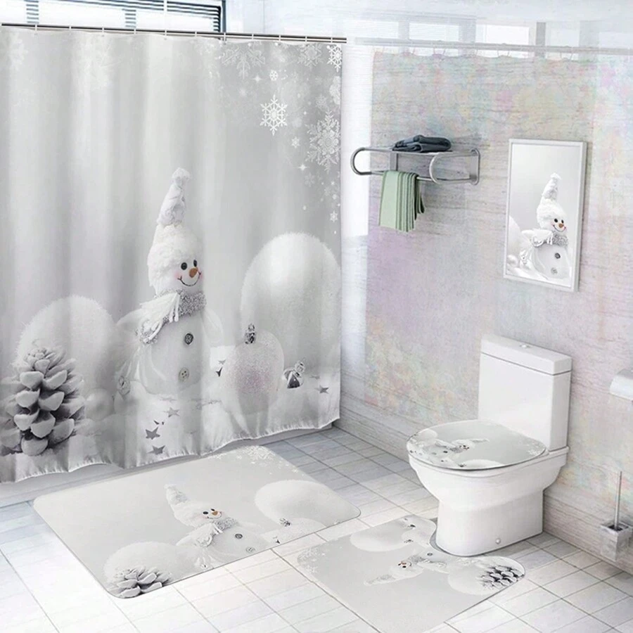 Bộ rèm tắm hình người tuyết Giáng sinh 1/3/4 chiếc, rèm tắm vải polyester chống thấm nước có 12 móc, thảm chống trượt, tấm phủ bệ ngồi bồn cầu và thảm lót, phụ kiện trang trí phòng tắm phù hợp cho nhà tắm, trang trí phòng tắm mùa thu, phụ kiện phòng tắm cho ngày tựu trường - trắng - Xem 1