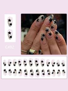 24 szt. Krótkie błyszczące Pentagram brokatowe naklejki do paznokci w kształcie migdałów, luksusowe akcesoria do manicure, do żelowego lakieru do paznokci - Czarne - Zobacz 2