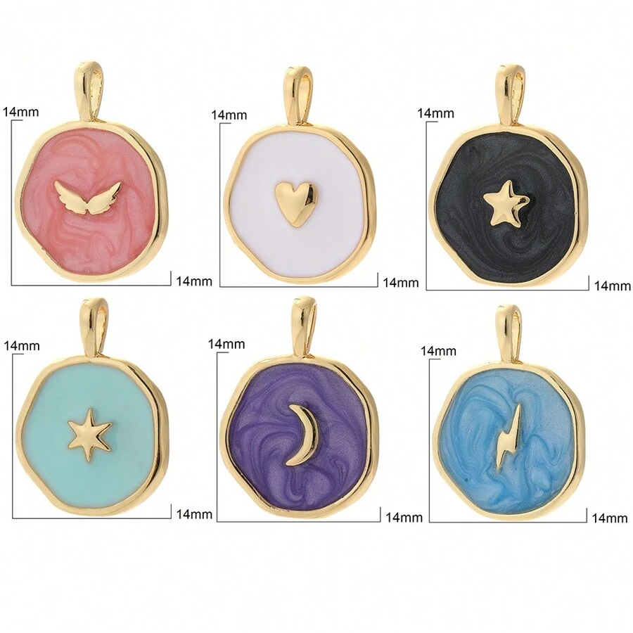 1 pezzo Ciondolo smaltato a mezzaluna, medaglia a forma di cuore, pentagramma a forma di fulmine, ali, cuore, croce, accessori per gioielli fai-da-te, orecchini, collana, braccialetto