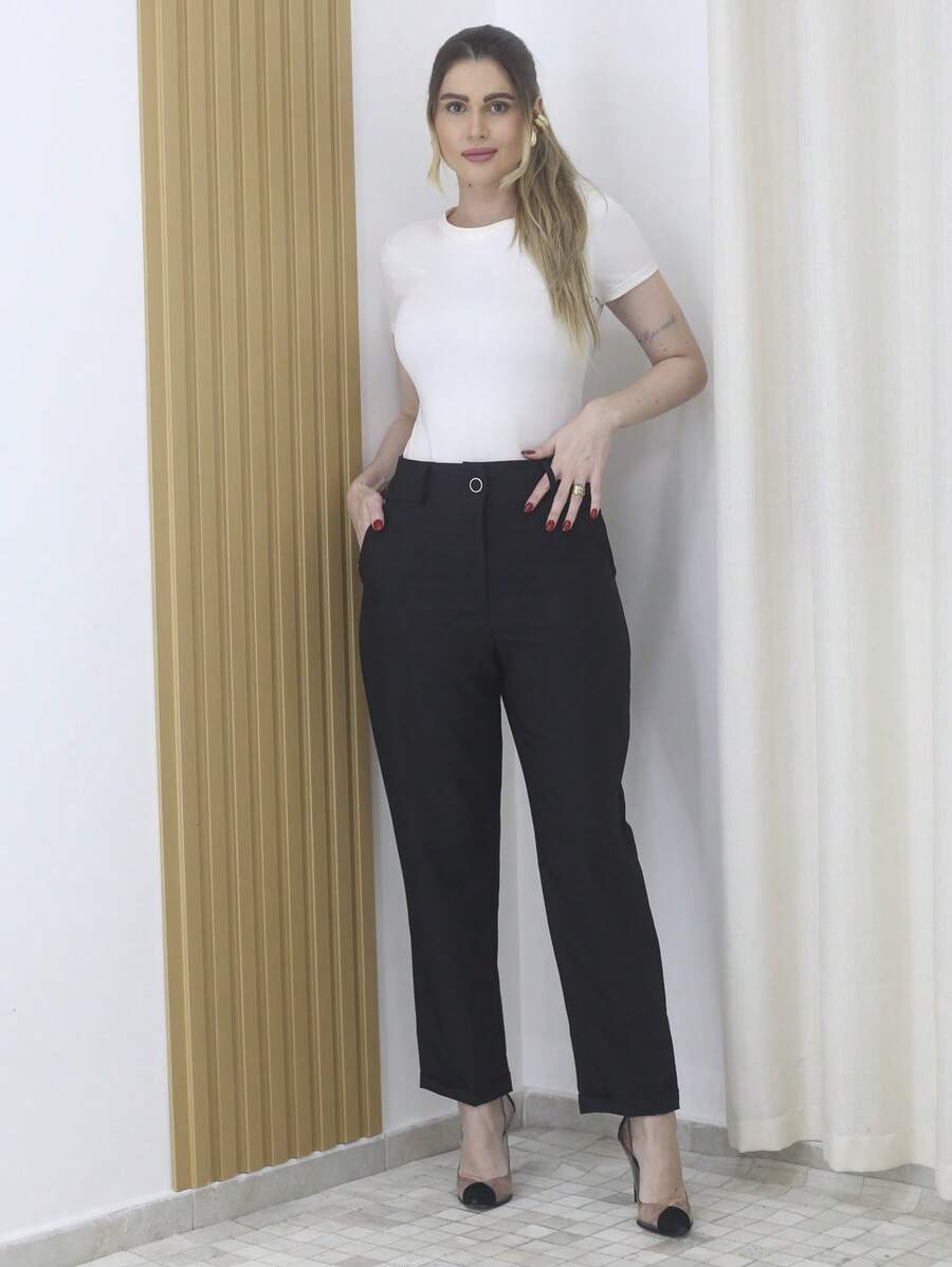 Refreshing Plain Tailor Women's Pants With Button - Maxma 6631 - 黑色 - 查看 1