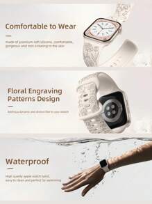6 In 1 Floral Engraved Band + Decorative Rings Loops Compatible With Apple Watch Band 40mm 41mm 42mm 38mm 44mm 45mm 46mm 49mm, Soft Silicone Sport Flowers Bands With Decorative Compatible With Apple Watch Charms For Series 10 9 8 7 6 5 4 3 2 1 SE For Women