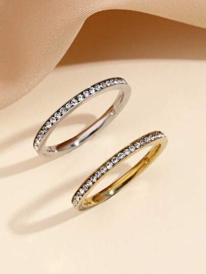 1 szt. Stal nierdzewna Modny i prosty damski złoty i srebrny pierścionek z pełnym okrągłym diamentem, odpowiedni dla kobiet do noszenia na co dzień lub dawania w prezencie