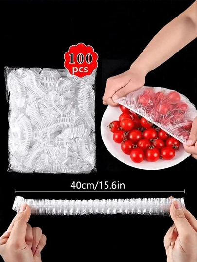 1 包 100 件一次性食品保鲜膜和浴帽套装，可重复使用的食品容器 PE 保鲜膜盖，透明保鲜膜，PE 薄膜袋，弹性一次性碗盖
