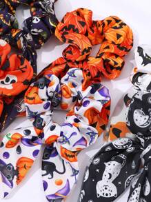 6 件套女士万圣节骷髅、南瓜、幽灵、蜘蛛印花发圈，非常适合节日礼物、万圣节发饰