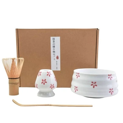 4 件套日式抹茶茶具套装带工具架，包括碗、搅拌器、勺子，是仪式的绝佳礼物，传统日式装饰，抹茶套装回到学校