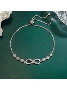 925 Sterling Silver Infinity Loop Bracelet For Women, Cubic Zirconia Embellished Adjustable Bangle - Bracelet - View 4