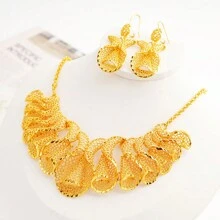 Set de 3 piezas de joyería de mujer de material de cobre con baño de oro de 24K, que incluye 1 collar y 1 par de pendientes con forma de flor de campana, ideal para bodas, fiestas, San Valentín, Día de la Madre, etc.