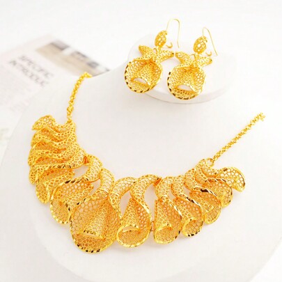 Set de 3 piezas de joyería de mujer de material de cobre con baño de oro de 24K, que incluye 1 collar y 1 par de pendientes con forma de flor de campana, ideal para bodas, fiestas, San Valentín, Día de la Madre, etc.