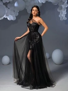 Faeriesty Elegantes schulterfreies Spitzen-Mesh-Overlay Abendkleid in Schwarz für Abschlussball, formelle Abendveranstaltung, Hochzeit, Dinner - Schwarz - Übersicht 6