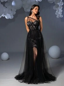 Faeriesty Elegantes schulterfreies Spitzen-Mesh-Overlay Abendkleid in Schwarz für Abschlussball, formelle Abendveranstaltung, Hochzeit, Dinner - Schwarz - Übersicht 7