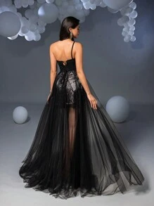 Faeriesty Elegantes schulterfreies Spitzen-Mesh-Overlay Abendkleid in Schwarz für Abschlussball, formelle Abendveranstaltung, Hochzeit, Dinner - Schwarz - Übersicht 2