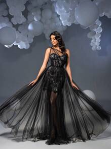 Faeriesty Elegantes schulterfreies Spitzen-Mesh-Overlay Abendkleid in Schwarz für Abschlussball, formelle Abendveranstaltung, Hochzeit, Dinner - Schwarz - Übersicht 3