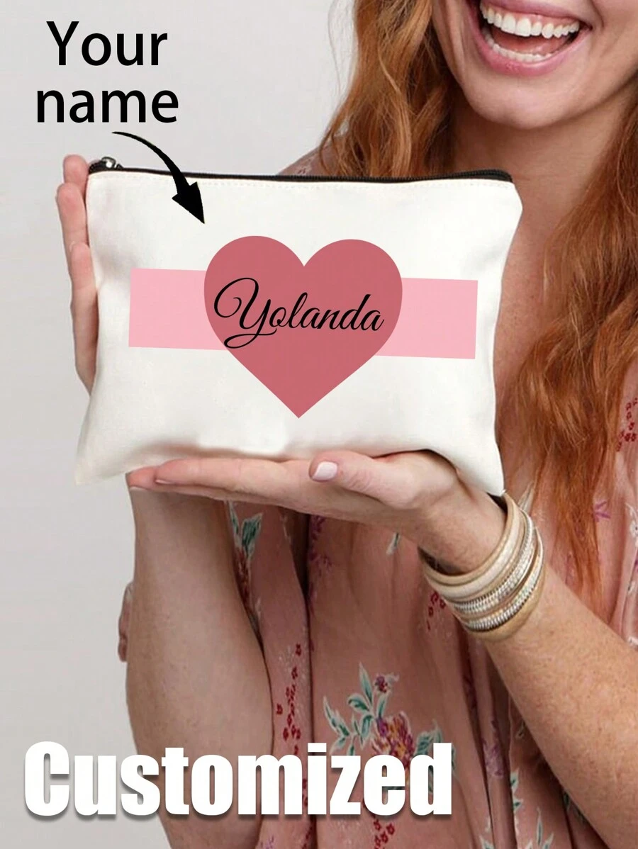 1pc New Cosmetic Bag, Custom Name Logo Cosmetic Bag, Can Be Customized To Your Unique Design, Lightweight Zipper Cosmetic Bag Is Also Perfect For Coin Purse, Pencil Case, Perfect For Shopping, Date, Vacation, Travel, Festival, Party Or As A Gift - White - View 1