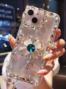 Khung pha lê cỏ bốn lá màu xanh hải quân thời trang với dây buộc pha lê IPhone 16 Pro Max Vỏ điện thoại bảo vệ chống sốc - trắng - Xem 6