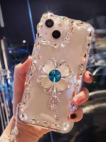 Khung pha lê cỏ bốn lá màu xanh hải quân thời trang với dây buộc pha lê IPhone 16 Pro Max Vỏ điện thoại bảo vệ chống sốc - trắng - Xem 4