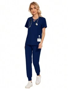 Conjunto de uniforme de unicolor para el cuidado de mascotas, uniforme de trabajo de nutricionista, bata de laboratorio de manga corta para mujeres - Azul Marino - Ver 6