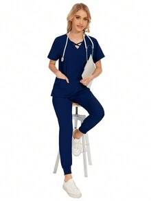 Conjunto de uniforme de unicolor para el cuidado de mascotas, uniforme de trabajo de nutricionista, bata de laboratorio de manga corta para mujeres - Azul Marino - Ver 4