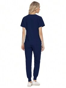 Conjunto de uniforme de unicolor para el cuidado de mascotas, uniforme de trabajo de nutricionista, bata de laboratorio de manga corta para mujeres - Azul Marino - Ver 2