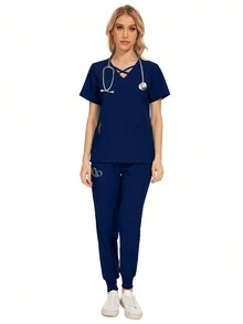 Conjunto de uniforme de unicolor para el cuidado de mascotas, uniforme de trabajo de nutricionista, bata de laboratorio de manga corta para mujeres - Azul Marino - Ver 3