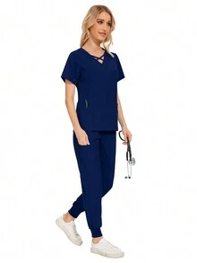 Conjunto de uniforme de unicolor para el cuidado de mascotas, uniforme de trabajo de nutricionista, bata de laboratorio de manga corta para mujeres - Azul Marino - Ver 5