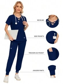 Conjunto de uniforme de unicolor para el cuidado de mascotas, uniforme de trabajo de nutricionista, bata de laboratorio de manga corta para mujeres - Azul Marino - Ver 1