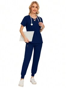 Conjunto de uniforme de unicolor para el cuidado de mascotas, uniforme de trabajo de nutricionista, bata de laboratorio de manga corta para mujeres - Azul Marino - Ver 7