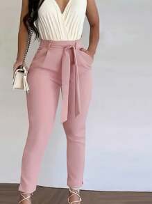 High-Waist Solid-Color Slim-Fit Drawstring Slit Pants For Women - Pink - View 1