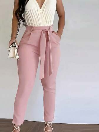 High-Waist Solid-Color Slim-Fit Drawstring Slit Pants For Women