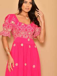 Lese 3D Embroidered Cotton Short Sleeve Midi Dress - 玫紅色 - 查看 2
