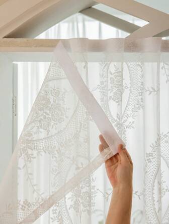 1pc Lace Curtains White Flower Embroidered Single Panel No Drill Hook And Loop Fastener Kitchen Curtains Sheer Curtain Romantic Ployester Suitable For Window Door Decoration Home Living Room Curtains