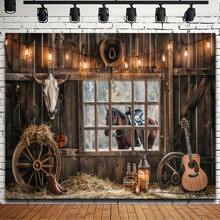 1 pieza Fondo rústico de estilo vaquero occidental - 1 banner de poliéster con diseño de granero de madera, para decoración al aire libre, decoración de estilo de granja, decoración de estilo country, Navidad - Multicolor - Ver 5