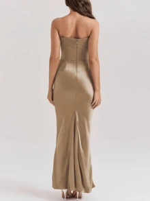 Váy Maxi Xếp Ly Bằng Vải Satin Cho Nữ, Váy Dạ Hội Bán Trang Trọng, Cho Sinh Nhật, Khách Dự Tiệc Cưới, Tốt Nghiệp, Tiệc Tối, Dạ Hội Về Trường - Màu Khaki - Xem 2