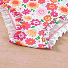 2024 New Tween Girls' Floral Print Ruffle Trim Cute Bikini Set Summer Beach - Pink - View 5