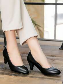 Women's Simple Formal 5cm Mid-Heel Rubber Sole Comfortable Slip-On Dress Shoes, Suitable For Job Interviews & Professional Occasions - Black - View 9