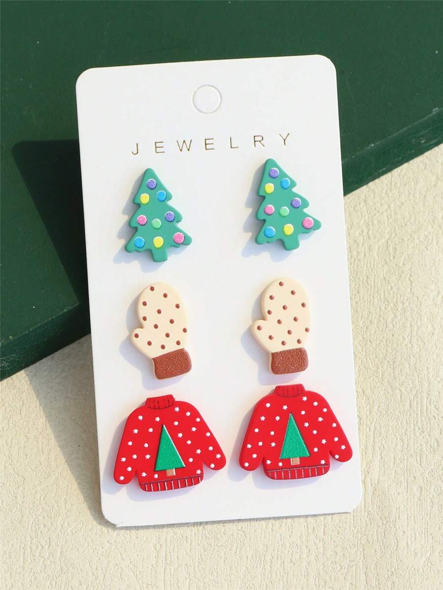 3 cái/bộ Nữ Cây Giáng Sinh Ông Già Noel Họa Tiết Gốm Dễ Thương Ngày Lễ Đảng Bông Tai - Nhiều màu - Xem 1