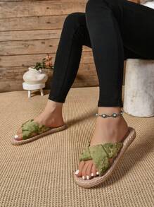 Sandalias planas con decoración de cruce, deslizables simples y cómodas, zapatos casuales de verano de punta abierta, slip-on, para interior, exterior y ocio