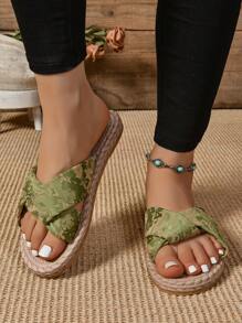Sandalias planas con decoración de cruce, deslizables simples y cómodas, zapatos casuales de verano de punta abierta, slip-on, para interior, exterior y ocio