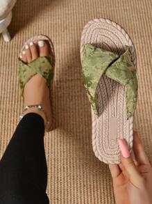 Sandalias planas con decoración de cruce, deslizables simples y cómodas, zapatos casuales de verano de punta abierta, slip-on, para interior, exterior y ocio