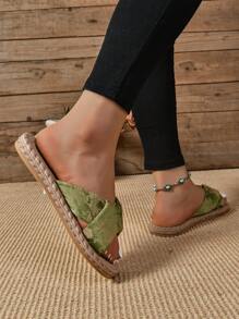 Sandalias planas con decoración de cruce, deslizables simples y cómodas, zapatos casuales de verano de punta abierta, slip-on, para interior, exterior y ocio