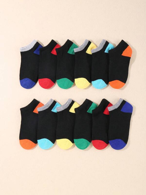 12 pares de calcetines cortos multicolor de diseño sencillo para niños y niñas pequeños
