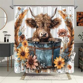 1pc Rustic Highland Cow Shower Curtain, Sunflowers & Daisy With Eucalyptus Accents, Stylish Simplistic Bath Screen For Tub, Includes Hooks, Home Bathroom Decor, 70.8x70.8 Inch Waterproof Fabric
