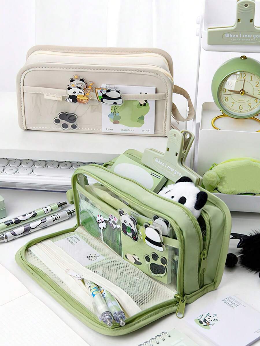 Double-Sided Pencil Bag Pen Case 5 Compartments Multi Pocket Handle Storage Pouch For Stationery School - one-size - View 1