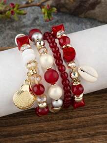 4 piezas Pulseras de estilo bohemio con cuentas de cristal y colgante de concha, recuerdos para vacaciones en la playa