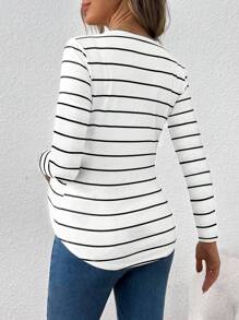 Camiseta de manga larga de punto acanalado con estampado de rayas, sencilla y casual para maternidad