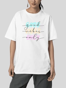 Blouse Oversized T-Shirt Print Good Vibes Only Fashion - 白色 - 查看 2