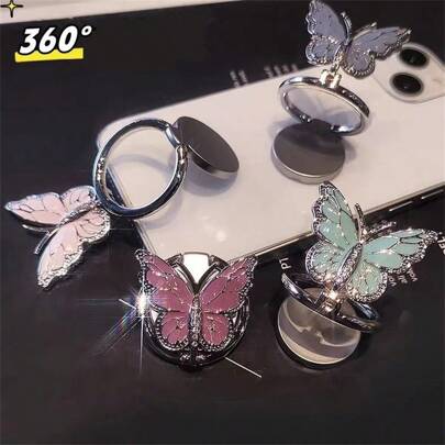 פרפר מעוטר בריינסטון 360° טבעת אחיזה ומעמד אוניברסלי לטלפון תואם לאייפון, טלפון אנדרואיד, מתנה ליום הולדת, משפחה, חברים מחזיק טבעת לאצבע, ידית טלפון, אביזרי טלפון