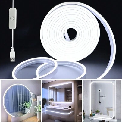 1m/2m/3m/4m/5m Tira de luz decorativa flexible de LED de neón USB, lámpara de ambiente regulable para transmisión en vivo, espejo de maquillaje, iluminación del baño, interruptor de botón