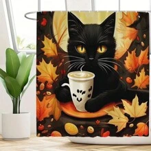 1/3/4 件秋收感恩节浴帘 - 枫叶和黑猫图案浴帘 - 防水且可机洗 - 秋季装饰的完美之选 - 彩色 - 查看 6