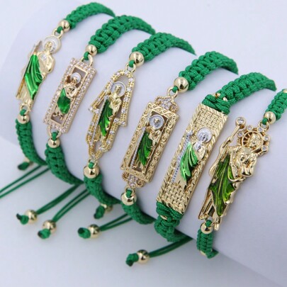 Braccialetto tessuto a mano personalizzato serie verde ritratto di San Giuda, placcato oro 18k con strass, adatto a uomini e donne, gioiello prezioso da regalo per famiglia e amici, impilabile moda unica